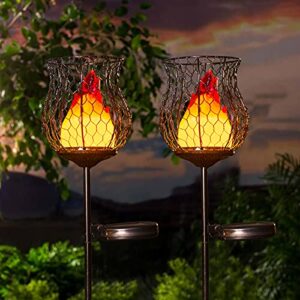 hapjoy torch solar garden lights outsides 2 pack pathyway solar stakes flame lanterns outdoor waterproof garden decor led flickering light decorations for yard, patio or lawn