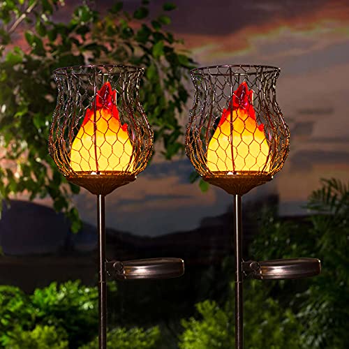 Hapjoy Torch Solar Garden Lights Outsides 2 Pack Pathyway Solar Stakes Flame Lanterns Outdoor Waterproof Garden Decor LED Flickering Light Decorations for Yard, Patio or Lawn