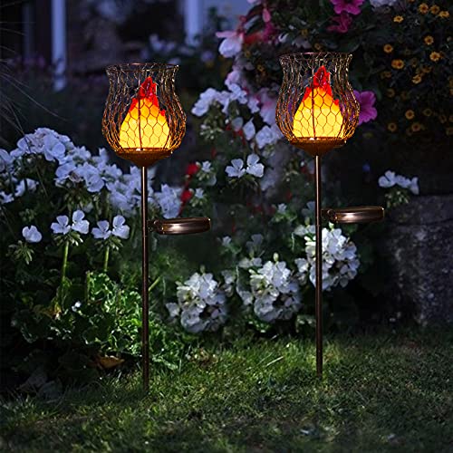 Hapjoy Torch Solar Garden Lights Outsides 2 Pack Pathyway Solar Stakes Flame Lanterns Outdoor Waterproof Garden Decor LED Flickering Light Decorations for Yard, Patio or Lawn