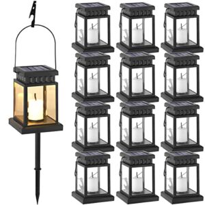 12 pcs garden hanging candle lights hanging solar lanterns outdoor garden solar candle lanterns solar waterproof decorative candle lantern with stakes candle effect light for garden patio warm white