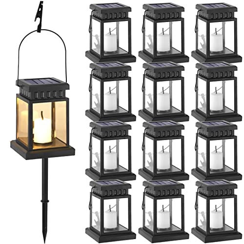 12 Pcs Garden Hanging Candle Lights Hanging Solar Lanterns Outdoor Garden Solar Candle Lanterns Solar Waterproof Decorative Candle Lantern with Stakes Candle Effect Light for Garden Patio Warm White