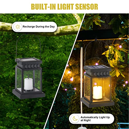 12 Pcs Garden Hanging Candle Lights Hanging Solar Lanterns Outdoor Garden Solar Candle Lanterns Solar Waterproof Decorative Candle Lantern with Stakes Candle Effect Light for Garden Patio Warm White