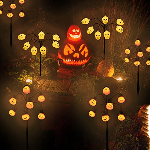 Elnsivo 14 LED Halloween Light Up Skeleton Skull Garden Stake Lights,2 Pack 8 Lighting Modes Outdoor Halloween Pathway Lights Lighted Skull Stake for Yard Lawn Outside Haunted House Party Decor