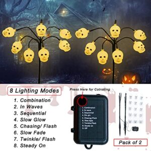 Elnsivo 14 LED Halloween Light Up Skeleton Skull Garden Stake Lights,2 Pack 8 Lighting Modes Outdoor Halloween Pathway Lights Lighted Skull Stake for Yard Lawn Outside Haunted House Party Decor