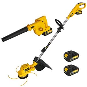 2 in 1 brushless electric weed wacker & leaf blower, 2pcs 21v 3.0ah batteries with fast charger, imoumlive cordless string trimmer, 3 types of blades, 90° adjustable head, cutter for lawn,yard garden