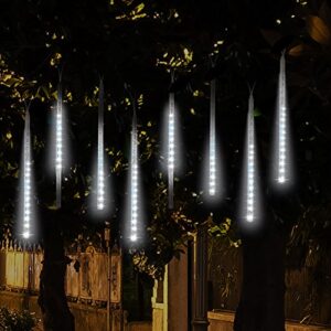 falling rain christmas lights, mijoye waterproof led meteor shower lights with 30cm 8 tube 144 leds, icicle snow fall string cascading lights for wedding, party, holiday, xmas tree, garden (white)