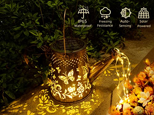 Qudamah Solar Watering Wan with Lights Waterproof Hanging Lantern Outdoor Garden Decorations LED Lights Butterfly Lights for Yard Patio Lawn Christmas Birthday Wedding Day , Upgraded Solar Panel