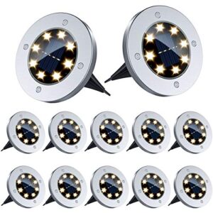 12 pack solar ground lights – 8 led solar garden lights outdoor waterproof sidewalk disk lights solar powered landscape lighting for lawn patio pathway yard deck walkway flood lights (warm white)