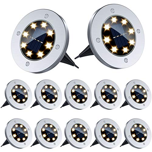 12 Pack Solar Ground Lights - 8 Led Solar Garden Lights Outdoor Waterproof Sidewalk Disk Lights Solar Powered Landscape Lighting for Lawn Patio Pathway Yard Deck Walkway Flood Lights (Warm White)