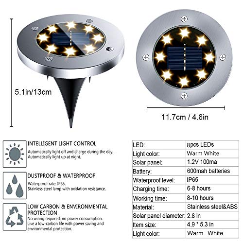 12 Pack Solar Ground Lights - 8 Led Solar Garden Lights Outdoor Waterproof Sidewalk Disk Lights Solar Powered Landscape Lighting for Lawn Patio Pathway Yard Deck Walkway Flood Lights (Warm White)