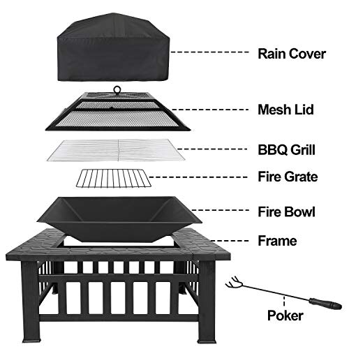 32" Square Metal Fire Pit Outdoor Patio Garden Backyard Stove Firepit Brazier