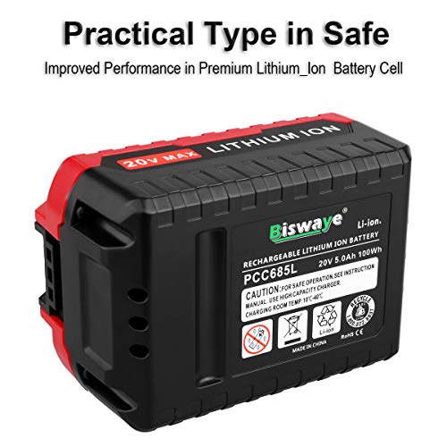 Biswaye 2-Pack 20V MAX Lithium Battery PCC685L Replacement for Porter Cable 20V Battery PCC681L PCC680L PCC682L PCC683L 20V Drill Tools PCC601 PCC670 PCCW205B Battery