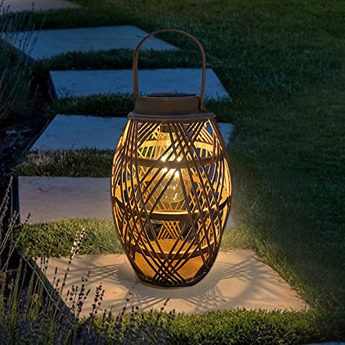 pearlstar Outdoor Solar Lanterns Light Rattan Bamboo Lamp with Handle for Hanging or Table Lamp for Patio Yard Garden Wedding Home Decoration, Edison Bulb, Auto on/Off(Style2)