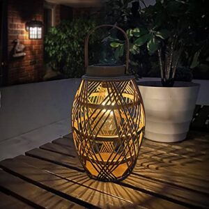 pearlstar Outdoor Solar Lanterns Light Rattan Bamboo Lamp with Handle for Hanging or Table Lamp for Patio Yard Garden Wedding Home Decoration, Edison Bulb, Auto on/Off(Style2)