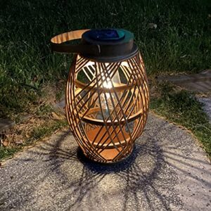 pearlstar Outdoor Solar Lanterns Light Rattan Bamboo Lamp with Handle for Hanging or Table Lamp for Patio Yard Garden Wedding Home Decoration, Edison Bulb, Auto on/Off(Style2)