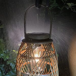 pearlstar Outdoor Solar Lanterns Light Rattan Bamboo Lamp with Handle for Hanging or Table Lamp for Patio Yard Garden Wedding Home Decoration, Edison Bulb, Auto on/Off(Style2)