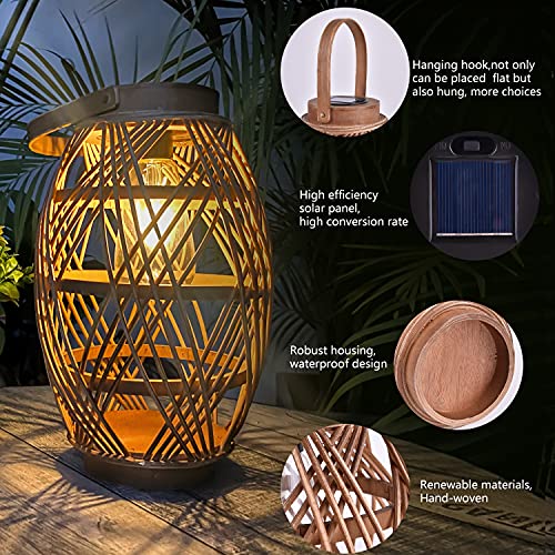 pearlstar Outdoor Solar Lanterns Light Rattan Bamboo Lamp with Handle for Hanging or Table Lamp for Patio Yard Garden Wedding Home Decoration, Edison Bulb, Auto on/Off(Style2)