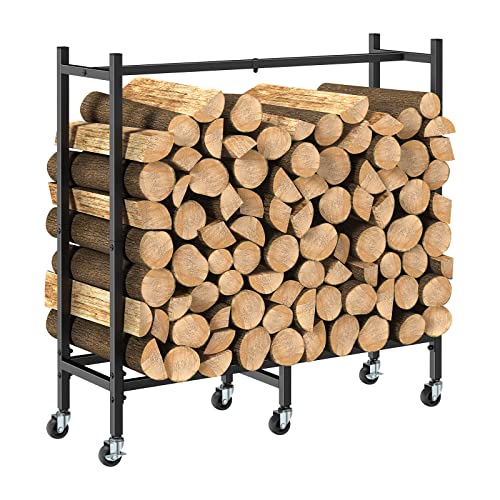 2.6ft Outdoor Indoor Firewood Rack Holder for Fireplace Wood Storage, Firewood Holder with Wheels, Heavy Duty Logs Stand Stacker Holder for Fireplace Metal Lumber Storage Carrier Organizer