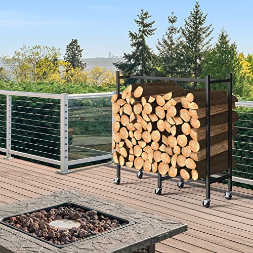 2.6ft Outdoor Indoor Firewood Rack Holder for Fireplace Wood Storage, Firewood Holder with Wheels, Heavy Duty Logs Stand Stacker Holder for Fireplace Metal Lumber Storage Carrier Organizer