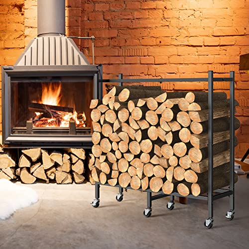 2.6ft Outdoor Indoor Firewood Rack Holder for Fireplace Wood Storage, Firewood Holder with Wheels, Heavy Duty Logs Stand Stacker Holder for Fireplace Metal Lumber Storage Carrier Organizer