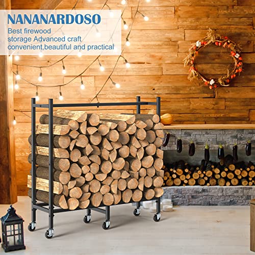 2.6ft Outdoor Indoor Firewood Rack Holder for Fireplace Wood Storage, Firewood Holder with Wheels, Heavy Duty Logs Stand Stacker Holder for Fireplace Metal Lumber Storage Carrier Organizer