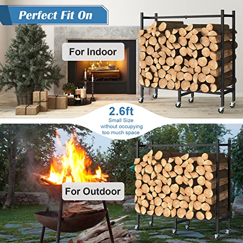 2.6ft Outdoor Indoor Firewood Rack Holder for Fireplace Wood Storage, Firewood Holder with Wheels, Heavy Duty Logs Stand Stacker Holder for Fireplace Metal Lumber Storage Carrier Organizer