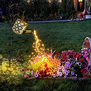 solar watering can lights outdoor, fairy garden lights, hanging solar lights metal waterproof for table, patio, yard pathway, outdoor decorations with hollow-out flower design (with hook and stand)