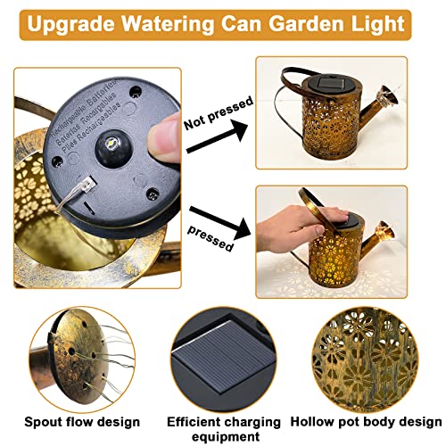 Solar Watering Can Lights Outdoor, Fairy Garden Lights, Hanging Solar Lights Metal Waterproof for Table, Patio, Yard Pathway, Outdoor Decorations with Hollow-Out Flower Design (with Hook and Stand)