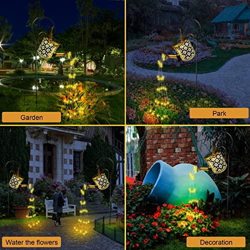 Solar Watering Can Lights Outdoor, Fairy Garden Lights, Hanging Solar Lights Metal Waterproof for Table, Patio, Yard Pathway, Outdoor Decorations with Hollow-Out Flower Design (with Hook and Stand)