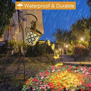 Solar Watering Can Lights Outdoor, Fairy Garden Lights, Hanging Solar Lights Metal Waterproof for Table, Patio, Yard Pathway, Outdoor Decorations with Hollow-Out Flower Design (with Hook and Stand)