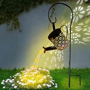 Solar Watering Can Lights Outdoor, Fairy Garden Lights, Hanging Solar Lights Metal Waterproof for Table, Patio, Yard Pathway, Outdoor Decorations with Hollow-Out Flower Design (with Hook and Stand)