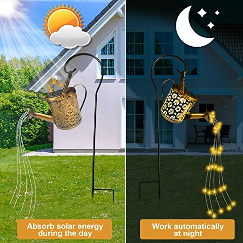 Solar Watering Can Lights Outdoor, Fairy Garden Lights, Hanging Solar Lights Metal Waterproof for Table, Patio, Yard Pathway, Outdoor Decorations with Hollow-Out Flower Design (with Hook and Stand)