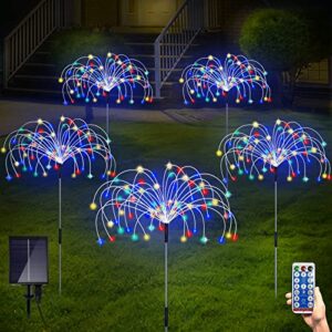 solar garden lights, outdoor firework lights, 5 pack 120 led solar lights decorative stake with remote, 8 modes diy landscape light waterproof lamps for walkway pathway backyard lawn(colorful)