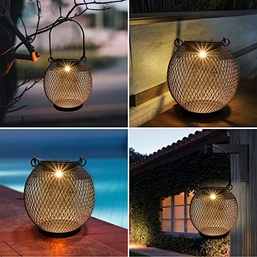 Solar Lantern - Hanging Solar Lights Outdoor Waterproof, Mesh Metal Lantern Decorative Solar Powered Patio Decor for Garden Yard Backyard Porch Table Pathway Tree Lighting, Warm White, 2 Pack