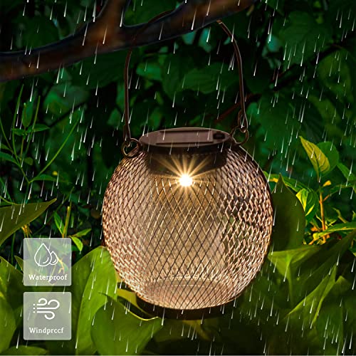 Solar Lantern - Hanging Solar Lights Outdoor Waterproof, Mesh Metal Lantern Decorative Solar Powered Patio Decor for Garden Yard Backyard Porch Table Pathway Tree Lighting, Warm White, 2 Pack