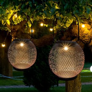 Solar Lantern - Hanging Solar Lights Outdoor Waterproof, Mesh Metal Lantern Decorative Solar Powered Patio Decor for Garden Yard Backyard Porch Table Pathway Tree Lighting, Warm White, 2 Pack