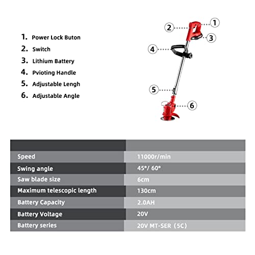 FNAYA Cordless String Trimmer, Adjustable Length Telescopic 20V Cordless Lawn Mower 45°/ 60° Angle Adjustment Electric Grass Trimmer Pruning Garden Tools (Size : 20V 1 Battery(2.0AH))