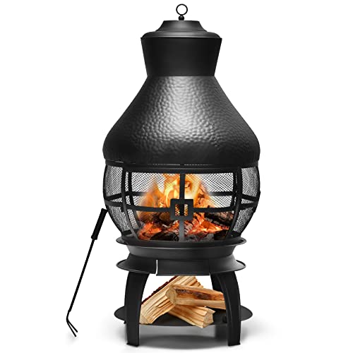 Giantex Wood Burning Chiminea, Heavy Duty Fireplace Chimenea Wooden Fire Pit with 2-Piece Log Grate, Premium Rain Cap & Fire Poker, 360°Fire Retardant Mesh Cover, Ideal for Garden, Patio, Backyard