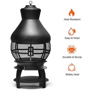 Giantex Wood Burning Chiminea, Heavy Duty Fireplace Chimenea Wooden Fire Pit with 2-Piece Log Grate, Premium Rain Cap & Fire Poker, 360°Fire Retardant Mesh Cover, Ideal for Garden, Patio, Backyard