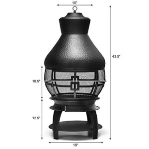 Giantex Wood Burning Chiminea, Heavy Duty Fireplace Chimenea Wooden Fire Pit with 2-Piece Log Grate, Premium Rain Cap & Fire Poker, 360°Fire Retardant Mesh Cover, Ideal for Garden, Patio, Backyard