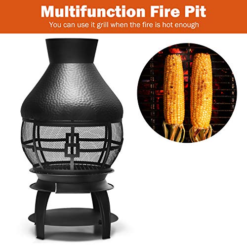 Giantex Wood Burning Chiminea, Heavy Duty Fireplace Chimenea Wooden Fire Pit with 2-Piece Log Grate, Premium Rain Cap & Fire Poker, 360°Fire Retardant Mesh Cover, Ideal for Garden, Patio, Backyard