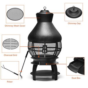 Giantex Wood Burning Chiminea, Heavy Duty Fireplace Chimenea Wooden Fire Pit with 2-Piece Log Grate, Premium Rain Cap & Fire Poker, 360°Fire Retardant Mesh Cover, Ideal for Garden, Patio, Backyard