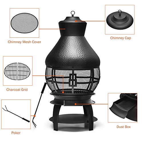 Giantex Wood Burning Chiminea, Heavy Duty Fireplace Chimenea Wooden Fire Pit with 2-Piece Log Grate, Premium Rain Cap & Fire Poker, 360°Fire Retardant Mesh Cover, Ideal for Garden, Patio, Backyard