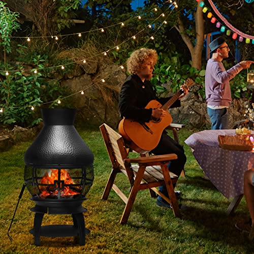 Giantex Wood Burning Chiminea, Heavy Duty Fireplace Chimenea Wooden Fire Pit with 2-Piece Log Grate, Premium Rain Cap & Fire Poker, 360°Fire Retardant Mesh Cover, Ideal for Garden, Patio, Backyard