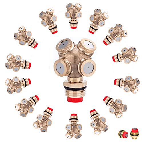 5Pack 4-Hole Brass Misting Nozzles 1/2 Inch BSPF Garden Misting Nozzle Brass Replacement Nozzle Heads, Low Ressure Mist Water Spray Sprinkler With Filter Mesh For Patio Lawn, Dust Control