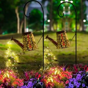 2 pack solar lights outdoor garden decor, solar watering can with cascading lights, large hanging lantern waterproof, outdoor decorations fairy lights for patio lawn yard art clearance court pathway