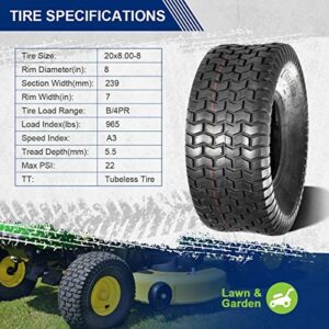 MaxAuto 20x8.00-8 Lawn Mower Tires 20x8x8 Lawn Tractor Tire 20x8-8nhs Riding Mower Tires, 4 Ply Tubeless Tire, 965lbs Capacity, Set of 2