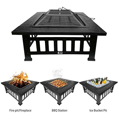 Hypeshops 32" Fire Pit BBQ Square Table Backyard Patio Garden Stove Wood Burning Fireplace