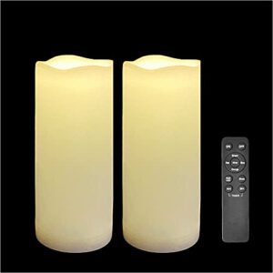 large outdoor waterproof white flameless candles with remote timer big battery operated plastic led pillar candles for garden home wedding party decoration flickering electric lights 3”x7” 2 pack