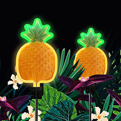 Solar Pineapple Neon Light - Set of 2 Metal Garden Stake Lights 42 inch Path Lighting for Christmas Yard Lawn Patio Walkway Decor